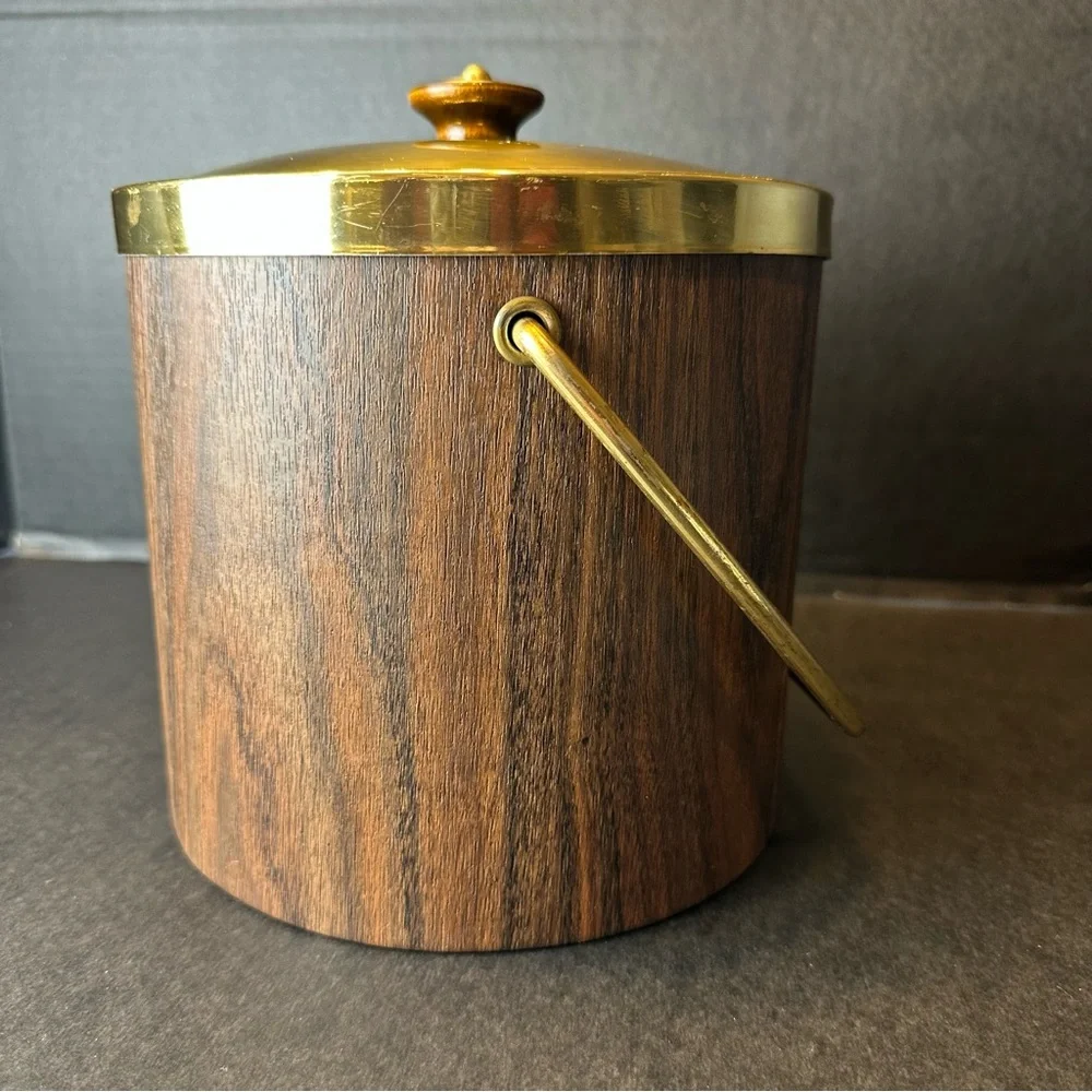 Vintage MCM Ice Bucket Faux Wood Grain Vinyl w/Lid Mid Century Barware 70s USA